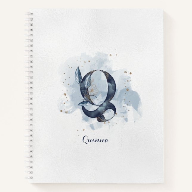 Modern Floral Personal Monogram Letter Q Blue Gold Notebook (Front)