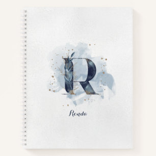 Modern Floral Personal Monogram Letter R Blue Gold Notebook