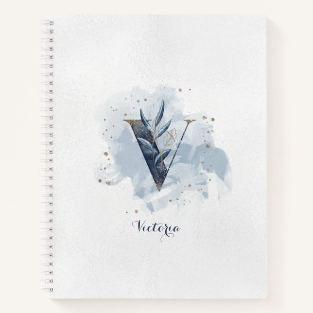 Modern Floral Personal Monogram Letter V Blue Gold Notebook (Front)