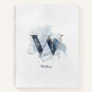 Modern Floral Personal Monogram Letter W Blue Gold Notebook