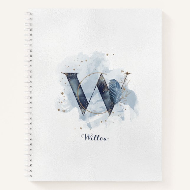 Modern Floral Personal Monogram Letter W Blue Gold Notebook (Front)