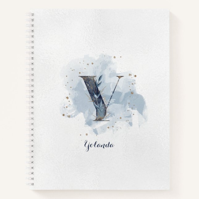 Modern Floral Personal Monogram Letter Y Blue Gold Notebook (Front)