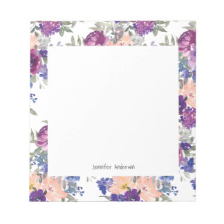 Modern Floral Personalise Name Mauve Peach Blue Notepad