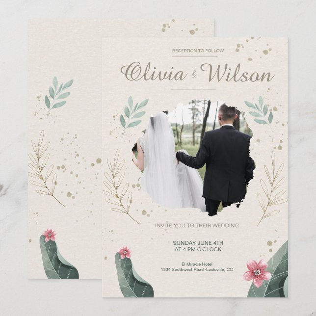 Modern Floral Photo Rustic Wedding Invitation (Front/Back)