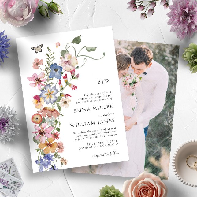 Modern Floral Photo Wedding Invitation (Watercolor Colorful Wildflower Monogrammed Wedding Invitation with Engagement Photo)