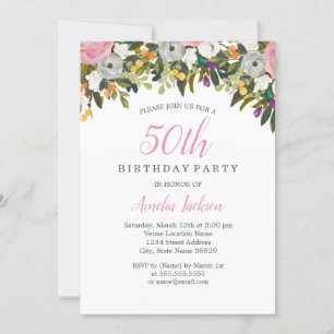 Modern Floral Pink 50th Birthday Invitation