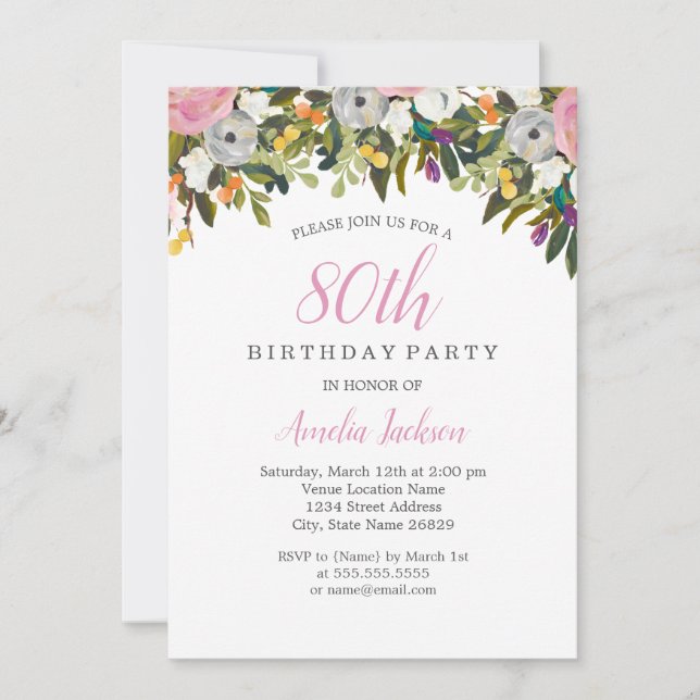 Modern Floral Pink 80th Birthday Invitation (Front)
