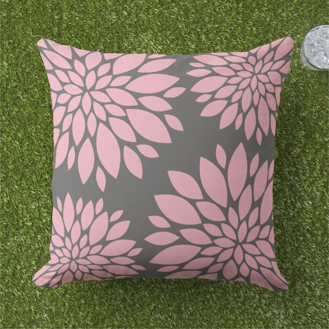 Modern Floral Pink and Charcoal Grey Outdoor Cushion (Grass)
