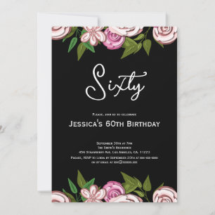 Modern Floral Pink Black 60th Birthday Invitation