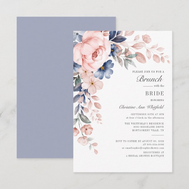 Modern Floral Pink Blue Flowers Bridal Brunch Invitation (Front/Back)