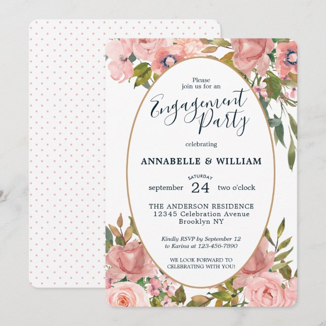 Modern Floral Pink Blush Gold Engagement Party Invitation (Front/Back)