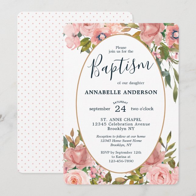 Modern Floral Pink Blush Gold Garden Baptism Invitation (Front/Back)