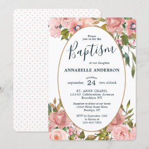 Modern Floral Pink Blush Gold Garden Baptism Invitation