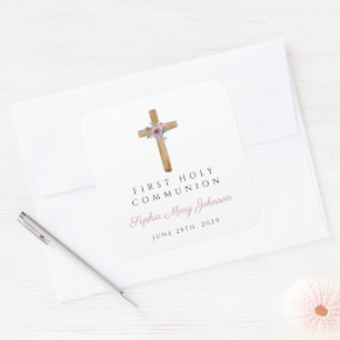 Modern Floral Pink Cross Girl First Communion  Square Sticker