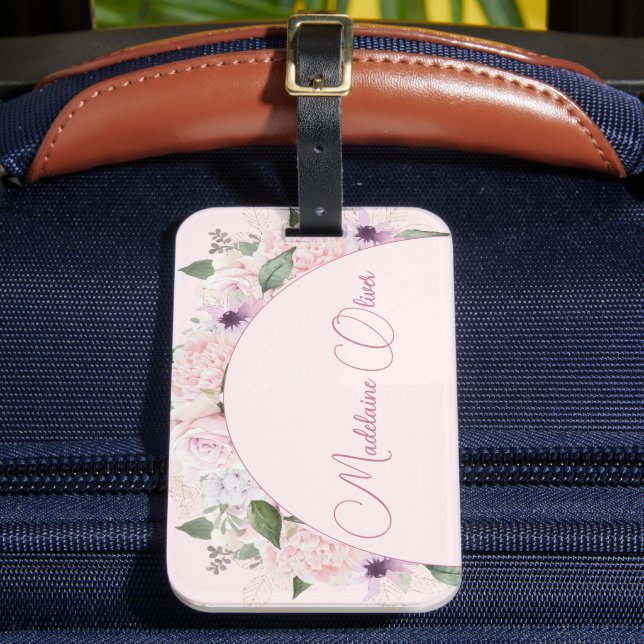 Modern Floral Pink Elegant Feminine  Luggage Tag (Front Insitu 2)