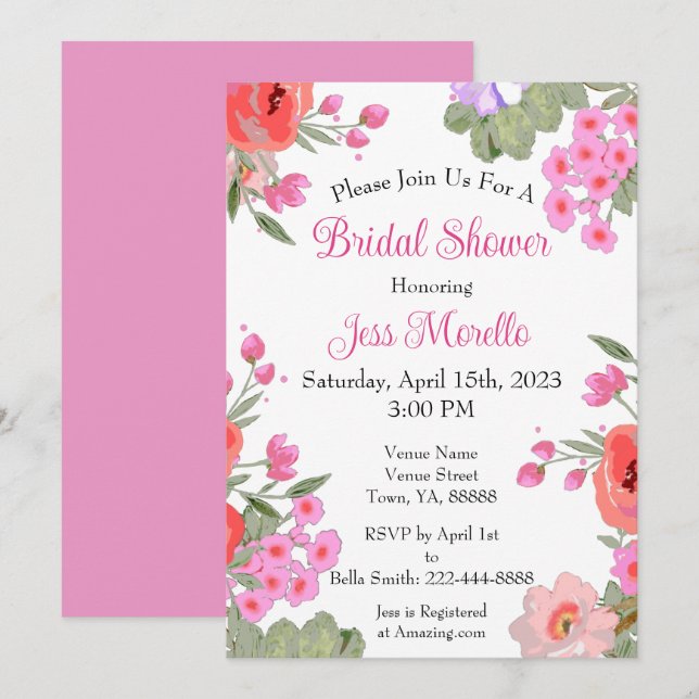 Modern Floral Pink Garden Flowers Bridal Shower Invitation (Front/Back)
