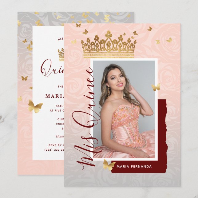 Modern Floral Pink Gold Elegant Photo Quinceanera Invitation (Front/Back)