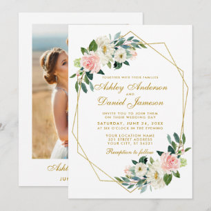 Modern Floral Pink Gold Frame Photo Back Wedding Invitation