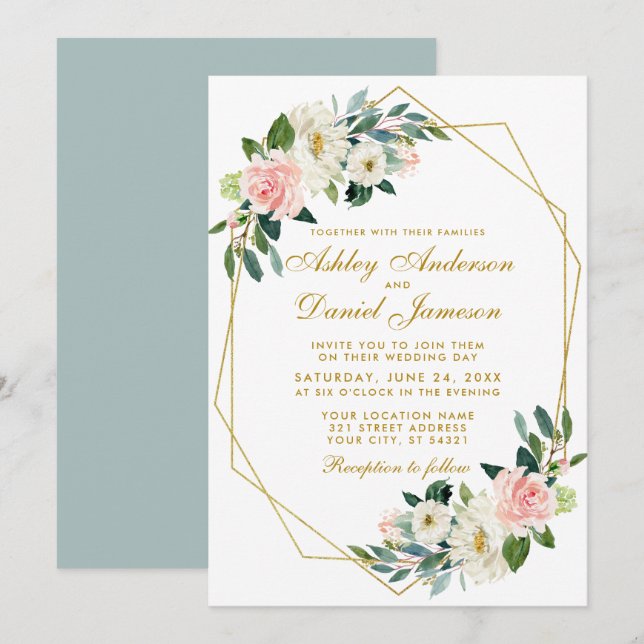 Modern Floral Pink Gold Geometric Frame Wedding G Invitation (Front/Back)