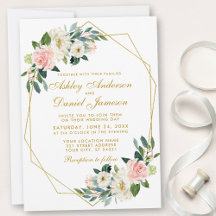 Modern Floral Pink Gold Geometric Frame Wedding