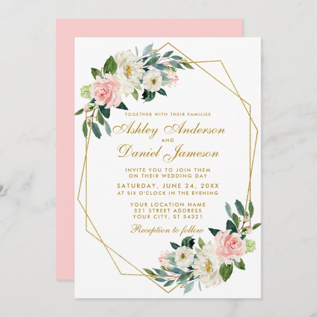 Modern Floral Pink Gold Geometric Frame Wedding P Invitation (Front/Back)