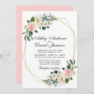 Modern Floral Pink Gold Geometric Frame Wedding Pk Invitation