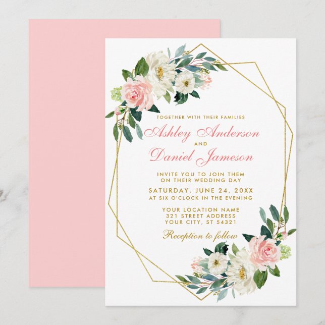 Modern Floral Pink Gold Geometric Frame Wedding Pk Invitation (Front/Back)