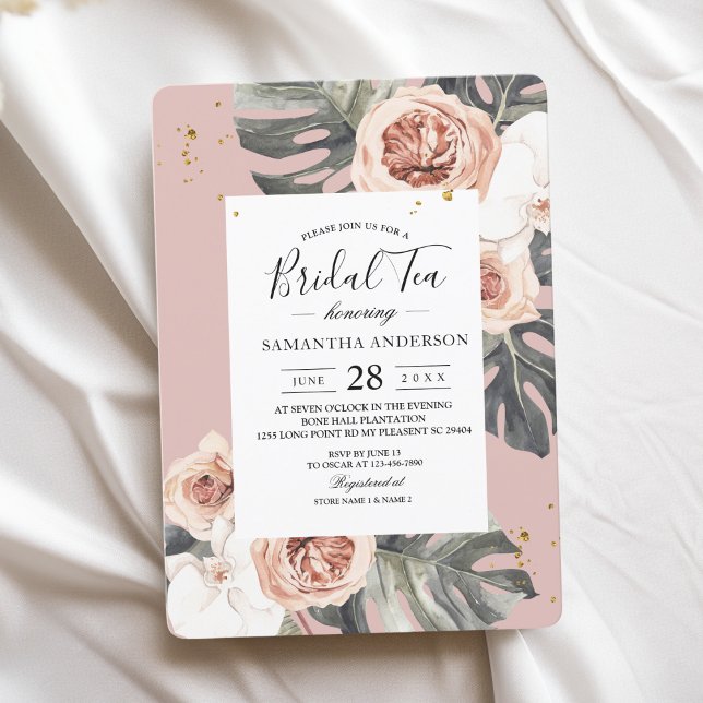 Modern Floral Pink & Green Tropical Leaf & Orchid Invitation (Creator Uploaded)