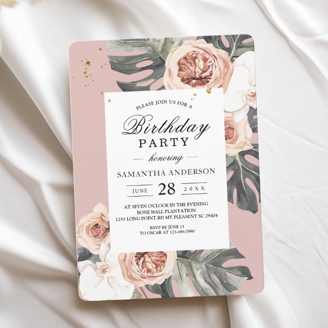 Modern Floral Pink & Green Tropical Leaf & Orchid Invitation (Creator Uploaded)