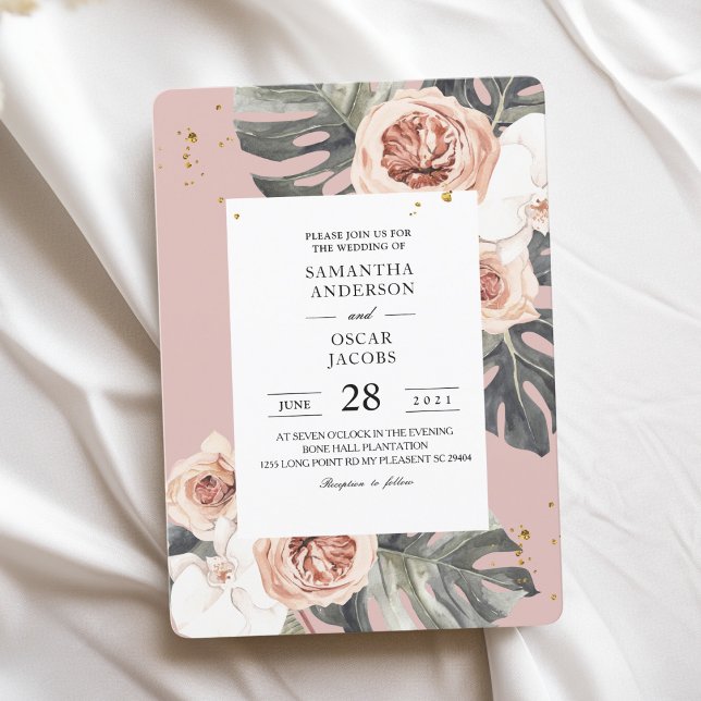Modern Floral Pink & Green Tropical Leaf & Orchid Invitation (Creator Uploaded)
