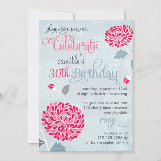 Modern Floral Pink & Grey Fancy Birthday Party Invitation (Front)