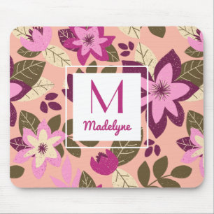 Modern Floral Pink Orange Pattern Monogram Mouse Mat
