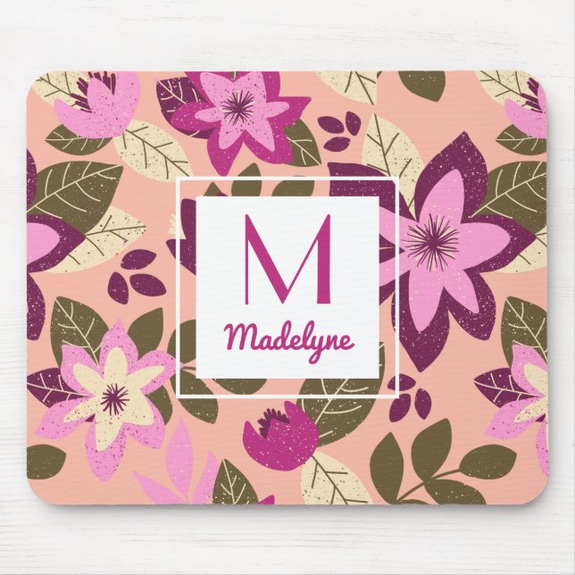 Modern Floral Pink Orange Pattern Monogram Mouse Mat (Front)