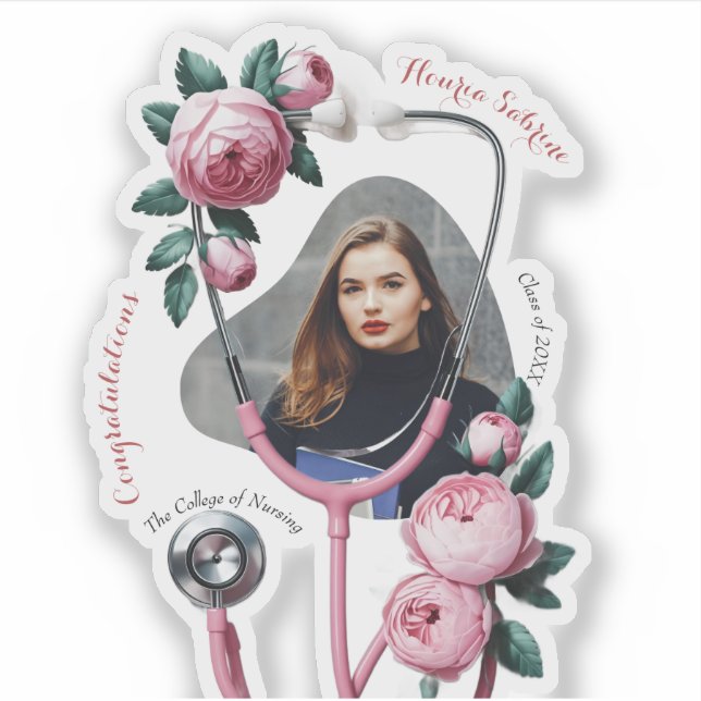 Modern Floral Pink Roses Stethoscope Graduation  (Front)
