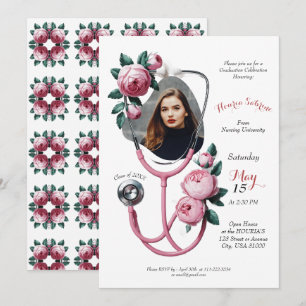 Modern Floral Pink Roses Stethoscope Graduation  Invitation