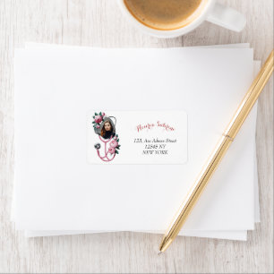 Modern Floral Pink Roses Stethoscope Graduation Label