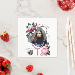 Modern Floral Pink Roses Stethoscope Graduation  Napkin