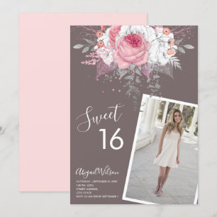 Modern floral pink sweet sixteen birthday party invitation