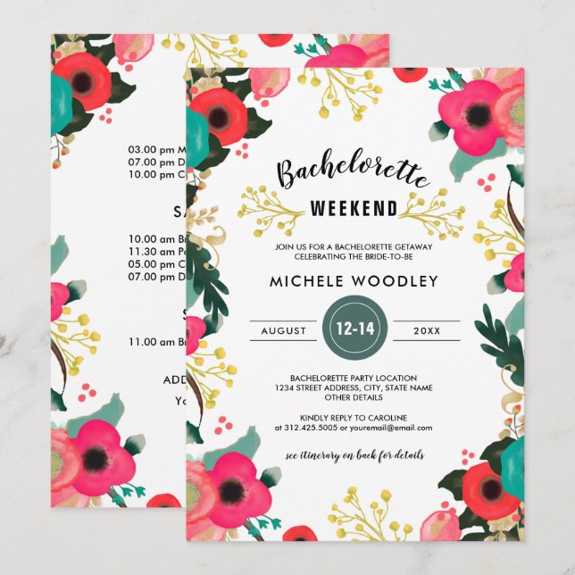 Modern Floral Pink Teal Bachelorette Weekend Invitation (Front/Back)