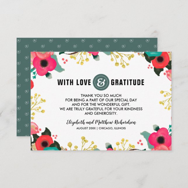 Modern Floral Pink Teal Wedding Thank You Card (Front/Back)