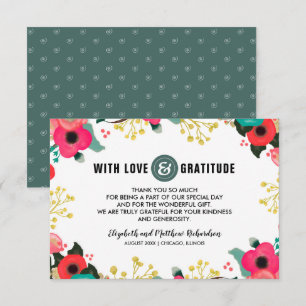 Modern Floral Pink Teal Wedding Thank You Card