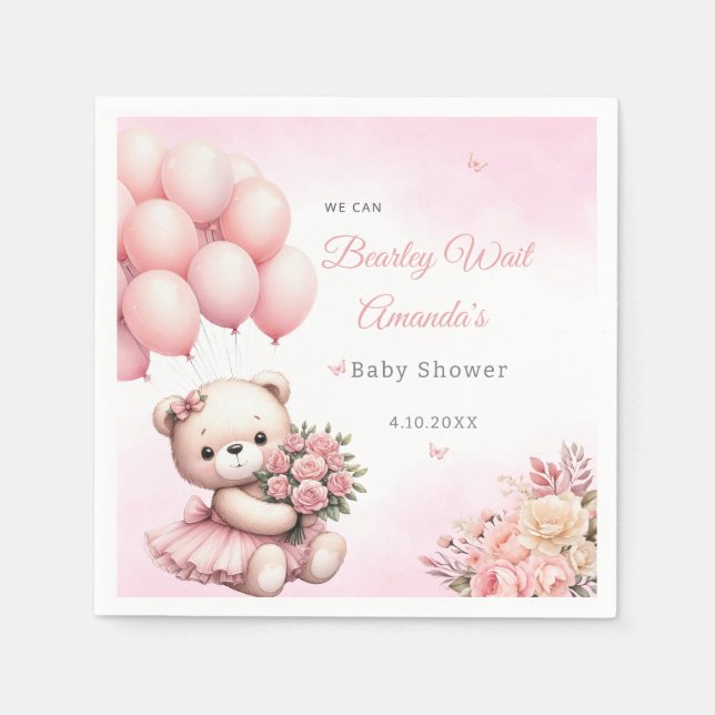 Modern floral Pink Teddy Bear Girl Baby Shower  Napkin (Front)