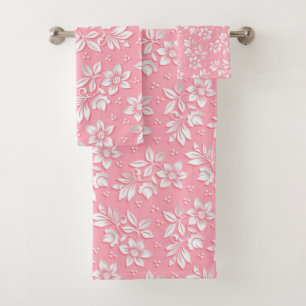 Modern Floral Pink White Glass Bath Towel Set