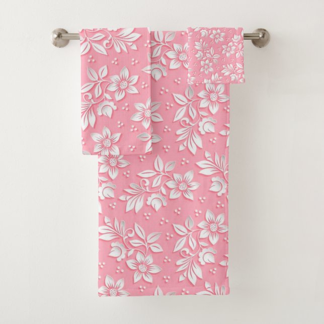 Modern Floral Pink White Glass Bath Towel Set (Insitu)