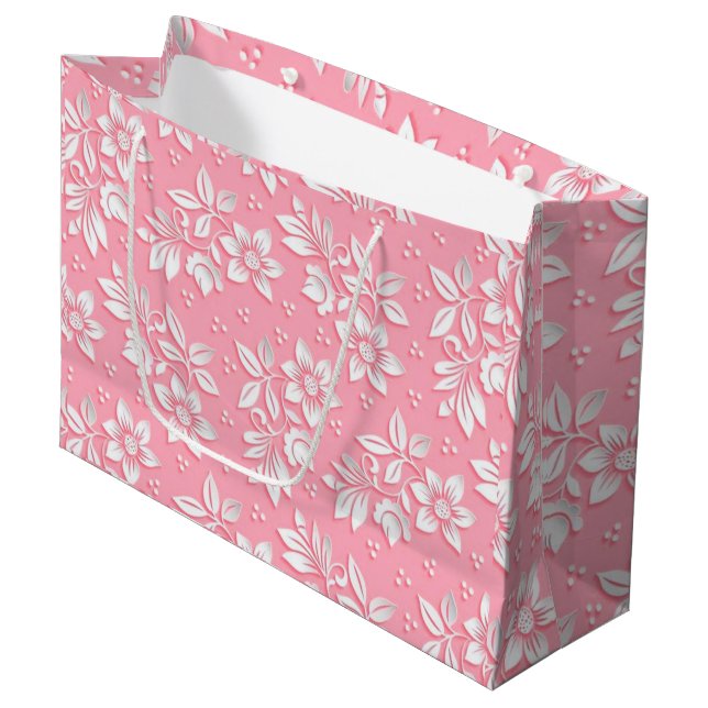 Modern Floral Pink White Glass Large Gift Bag (Front Angled)