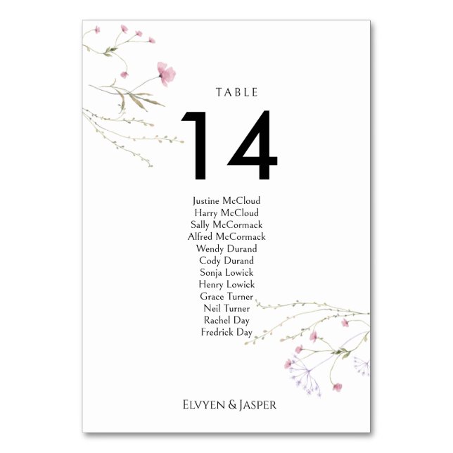 Modern Floral Pink Wild Flower Seating Chart &  Table Number (Front)
