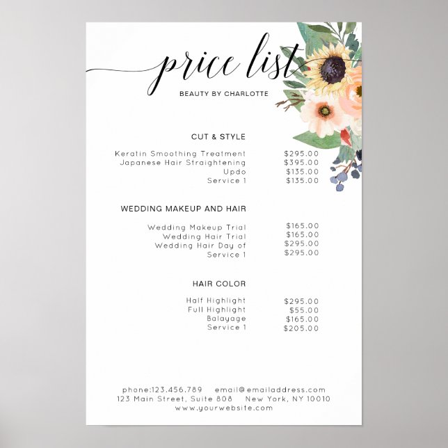 Modern,  floral price list Poster (Front)
