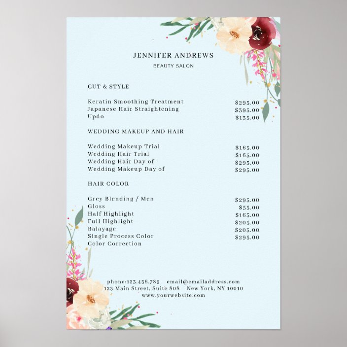 Modern Floral Price List Poster Zazzle.co.uk
