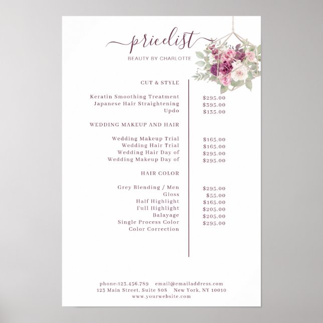 Modern, floral price list Poster (Front)