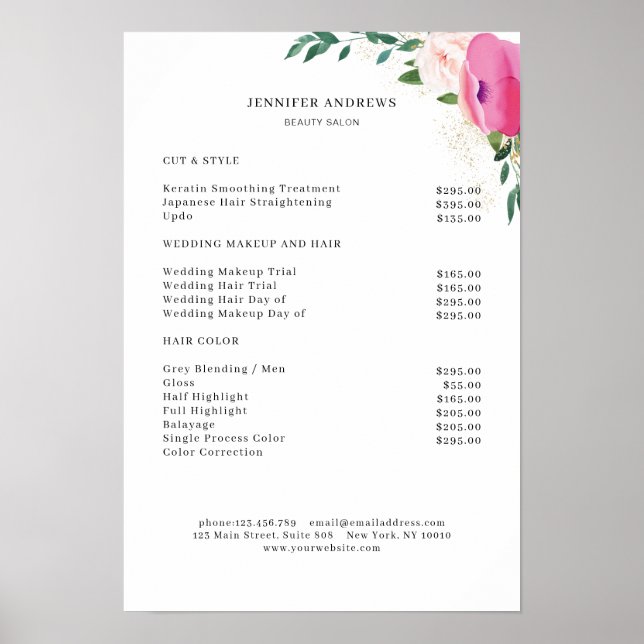 Modern Floral Price List Poster (Front)
